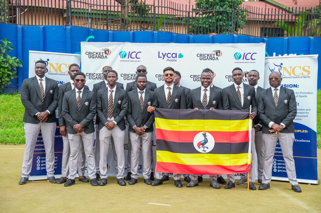 Cricket Cranes captain Riazat Ali Shah and Uganda’s squad during the flag-off for the ICC Men’s T20 World Cup Africa Sub-Regional Qualifier C in Kampala.