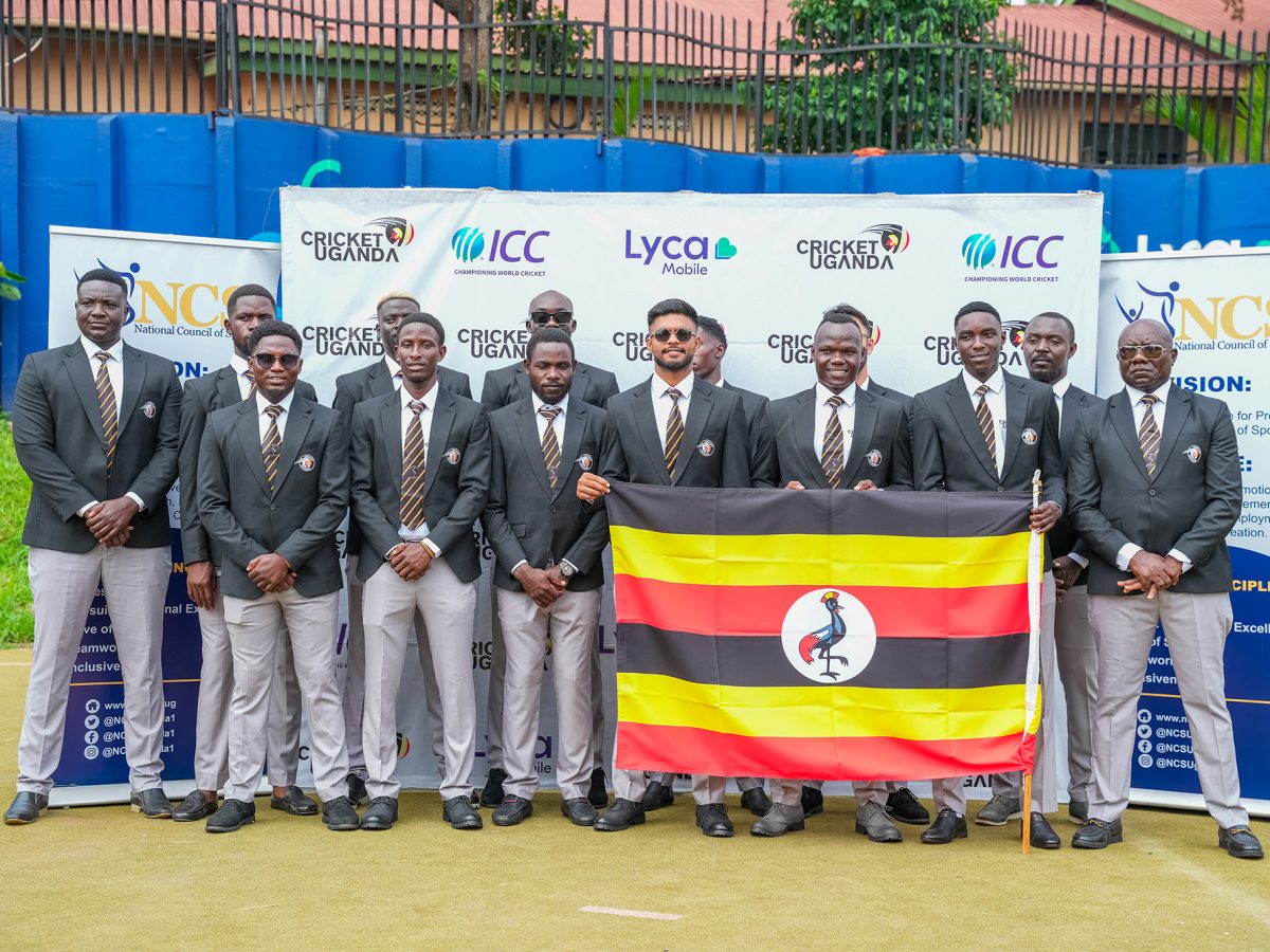 Cricket Cranes captain Riazat Ali Shah and Uganda’s squad during the flag-off for the ICC Men’s T20 World Cup Africa Sub-Regional Qualifier C in Kampala.