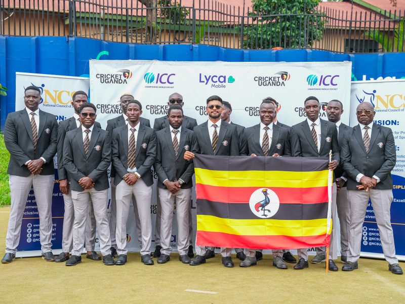 Cricket Cranes captain Riazat Ali Shah and Uganda’s squad during the flag-off for the ICC Men’s T20 World Cup Africa Sub-Regional Qualifier C in Kampala.
